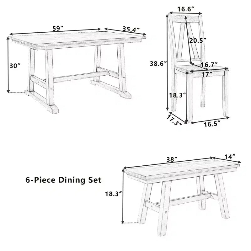 Ensemble Table de Salle à Manger et Chaises en Bois pour 6 Personnes, Table de Salle à Manger Rectangulaire et 4 Chaises d'Appoint, Long Banc