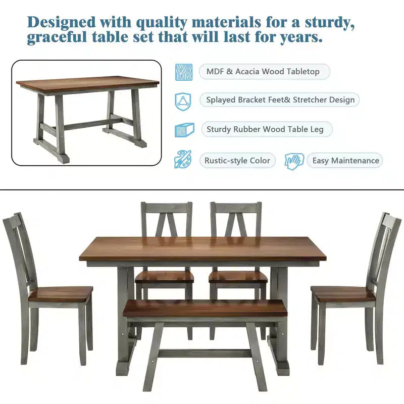 Ensemble Table de Salle à Manger et Chaises en Bois pour 6 Personnes, Table de Salle à Manger Rectangulaire et 4 Chaises d'Appoint, Long Banc