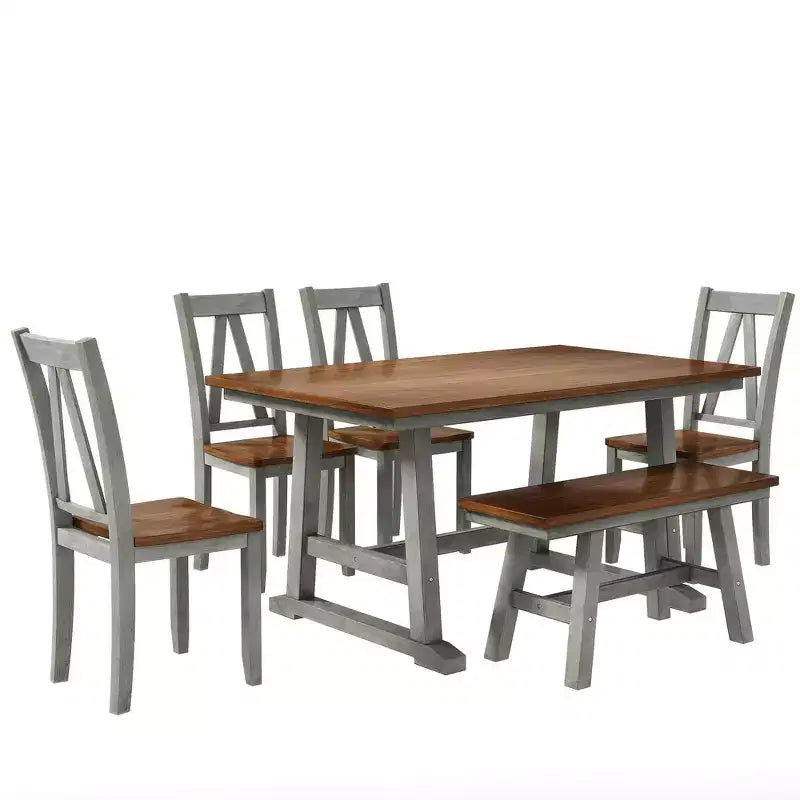 Ensemble Table de Salle à Manger et Chaises en Bois pour 6 Personnes, Table de Salle à Manger Rectangulaire et 4 Chaises d'Appoint, Long Banc