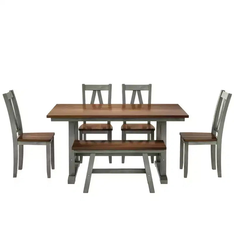 Ensemble Table de Salle à Manger et Chaises en Bois pour 6 Personnes, Table de Salle à Manger Rectangulaire et 4 Chaises d'Appoint, Long Banc