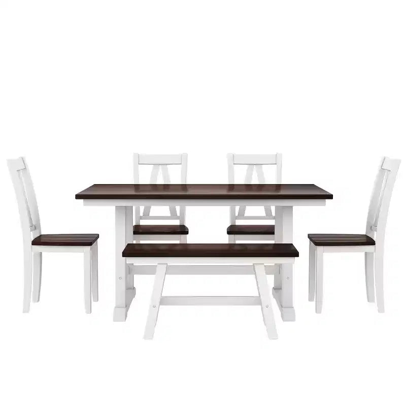 Ensemble Table de Salle à Manger et Chaises en Bois pour 6 Personnes, Table de Salle à Manger Rectangulaire et 4 Chaises d'Appoint, Long Banc