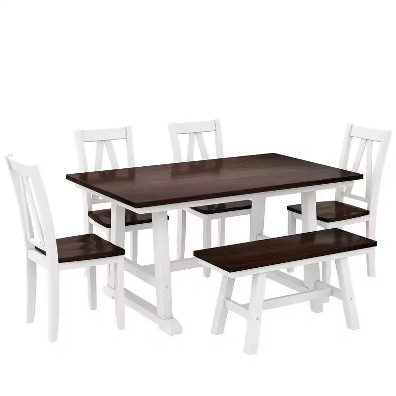 Ensemble Table de Salle à Manger et Chaises en Bois pour 6 Personnes, Table de Salle à Manger Rectangulaire et 4 Chaises d'Appoint, Long Banc