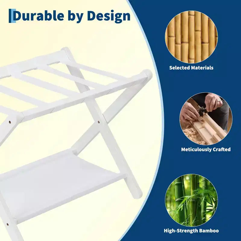 Porte-bagages pliant en bambou avec étagère à 2 niveaux, support pour valise, capacité de 50 kg, organiseur de voyage peu encombrant