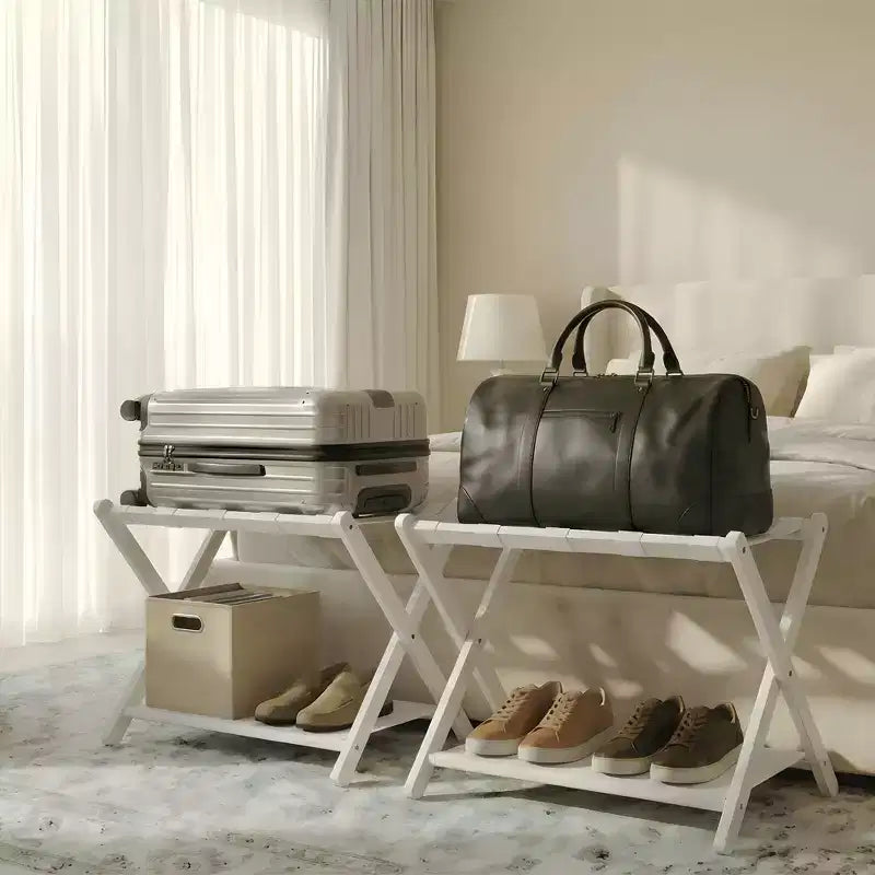 Porte-bagages pliant en bambou avec étagère à 2 niveaux, support pour valise, capacité de 50 kg, organiseur de voyage peu encombrant