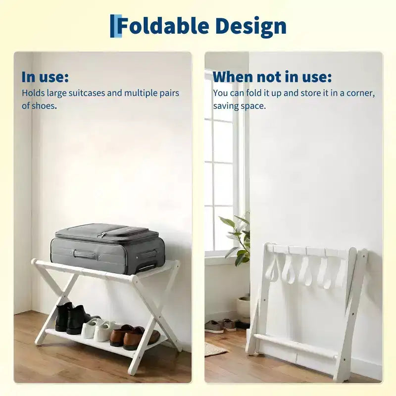 Porte-bagages pliant en bambou avec étagère à 2 niveaux, support pour valise, capacité de 50 kg, organiseur de voyage peu encombrant