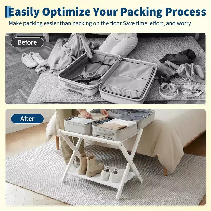 Porte-bagages pliant en bambou avec étagère à 2 niveaux, support pour valise, capacité de 50 kg, organiseur de voyage peu encombrant