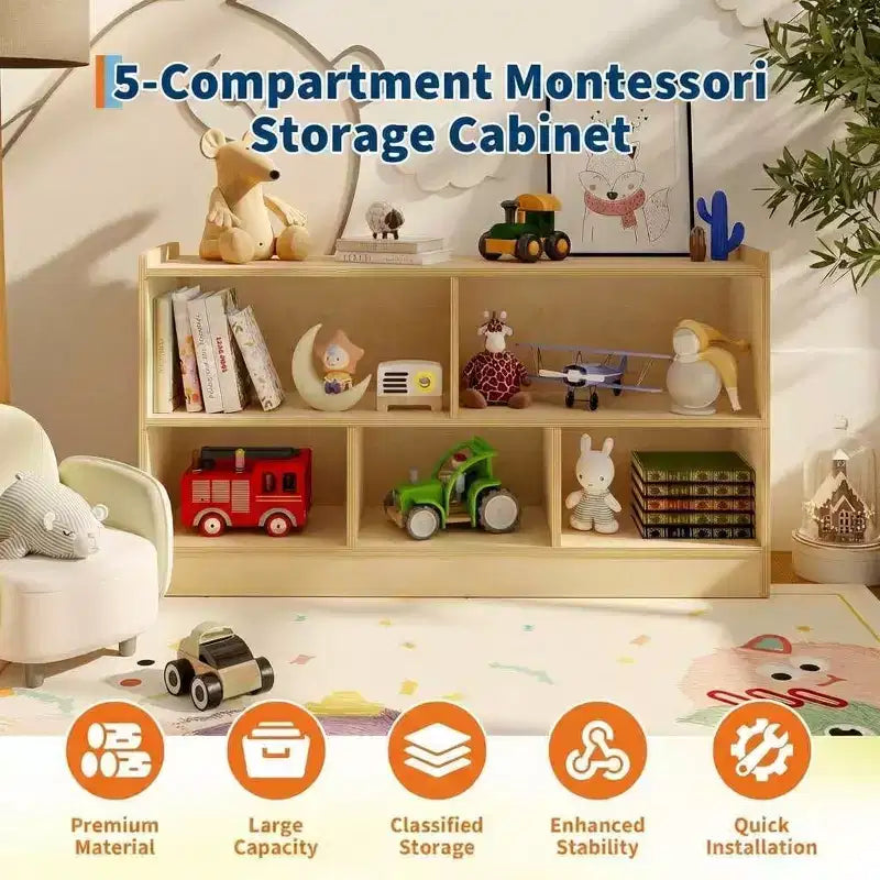 Organisateur de rangement de jouets en bois, rangement à 5 compartiments pour salle de classe pour organiser livres et jouets, étagère simple pour salle de jeux