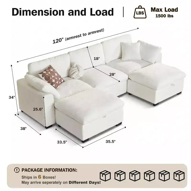 Grand canapé modulable pour salon, canapé confortable en plumes avec assise large et profonde, structure en bois massif, assemblage sans outils