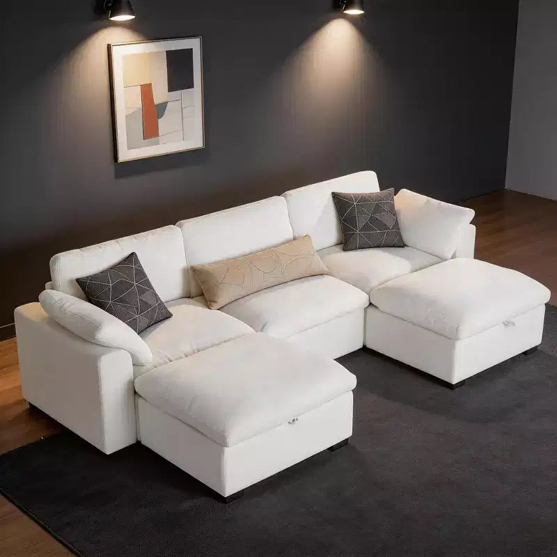 Grand canapé modulable pour salon, canapé confortable en plumes avec assise large et profonde, structure en bois massif, assemblage sans outils
