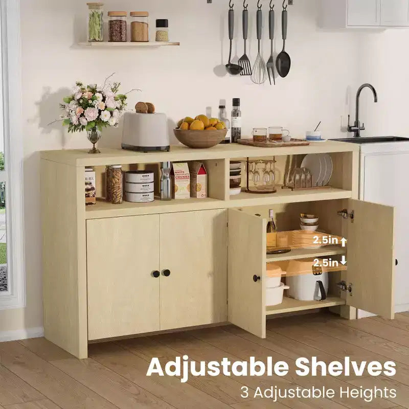 55" Buffet de ferme à 4 portes avec étagères réglables pour cuisine, salle à manger et salon