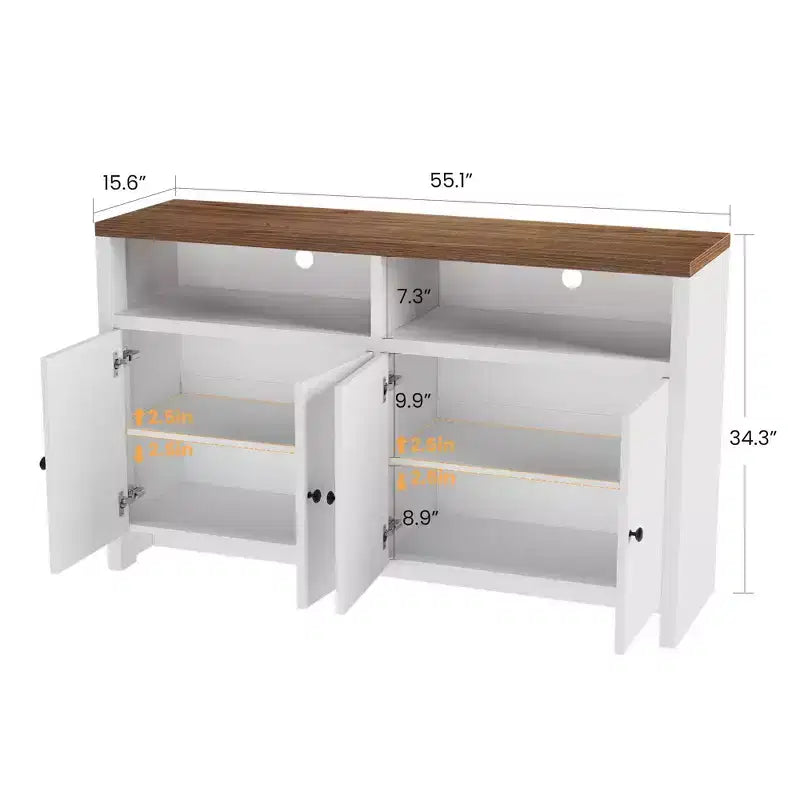 55" Buffet de ferme à 4 portes avec étagères réglables pour cuisine, salle à manger et salon