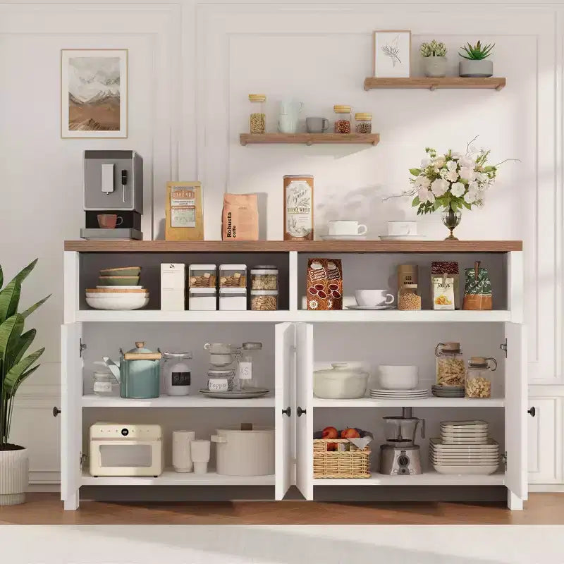 55" Buffet de ferme à 4 portes avec étagères réglables pour cuisine, salle à manger et salon