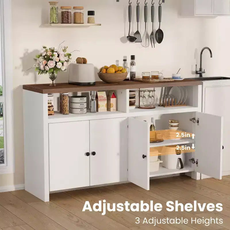55" Buffet de ferme à 4 portes avec étagères réglables pour cuisine, salle à manger et salon