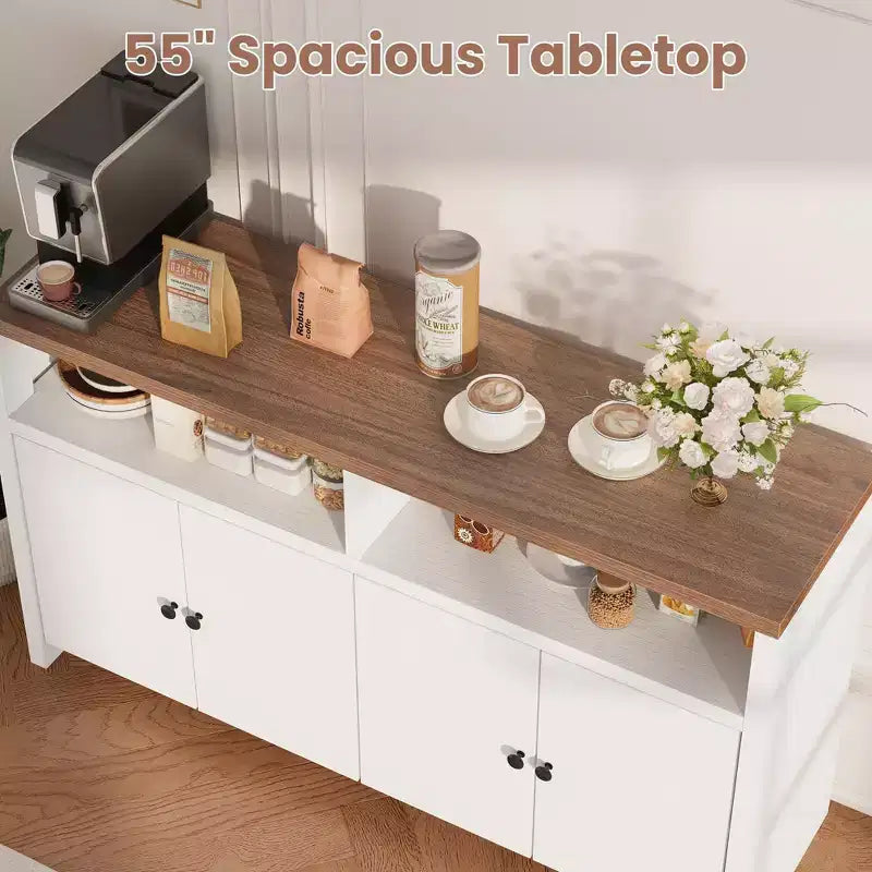 55" Buffet de ferme à 4 portes avec étagères réglables pour cuisine, salle à manger et salon