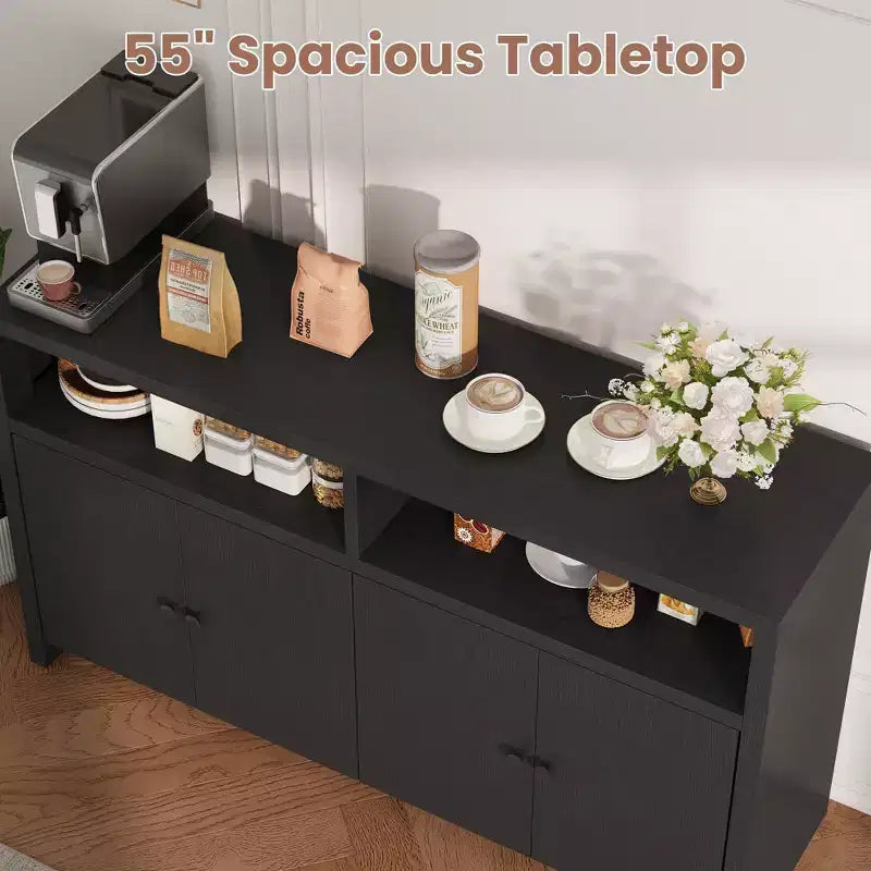 55" Buffet de ferme à 4 portes avec étagères réglables pour cuisine, salle à manger et salon