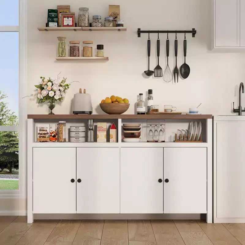 55" Buffet de ferme à 4 portes avec étagères réglables pour cuisine, salle à manger et salon