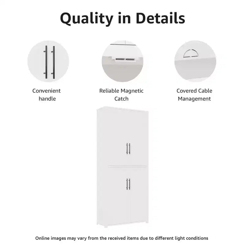 Meuble de rangement autoportant 67x28x15 pouces, en bois blanc, 4 portes, avec portes en bois massif pour salon de maison