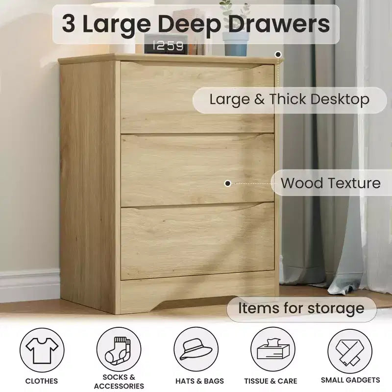 Commode moderne à 3 tiroirs spacieux 60x36x75 cm, poignées invisibles pour chambre et salon