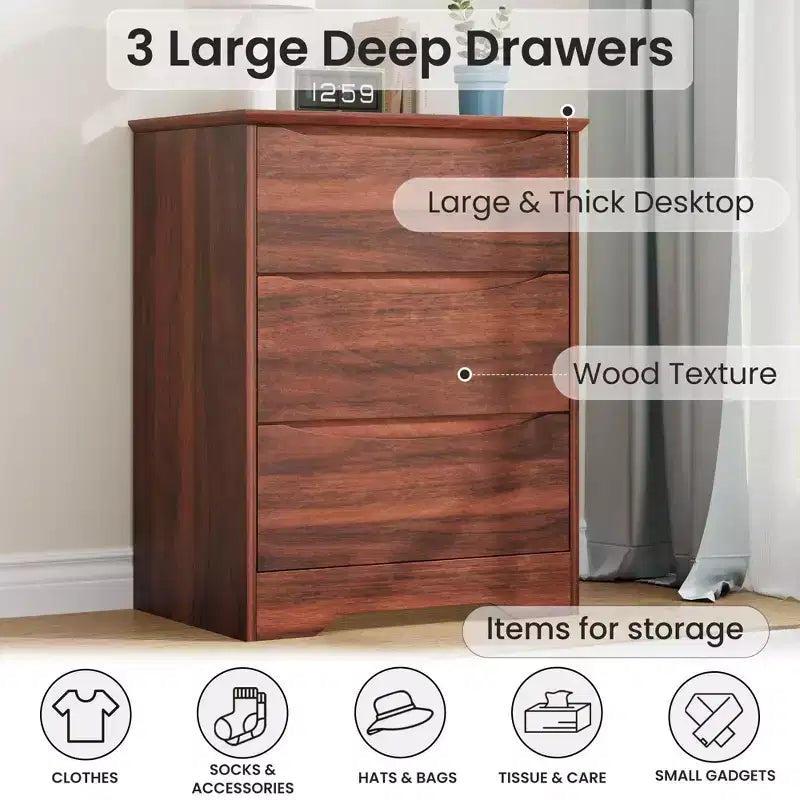 Commode moderne à 3 tiroirs spacieux 60x36x75 cm, poignées invisibles pour chambre et salon