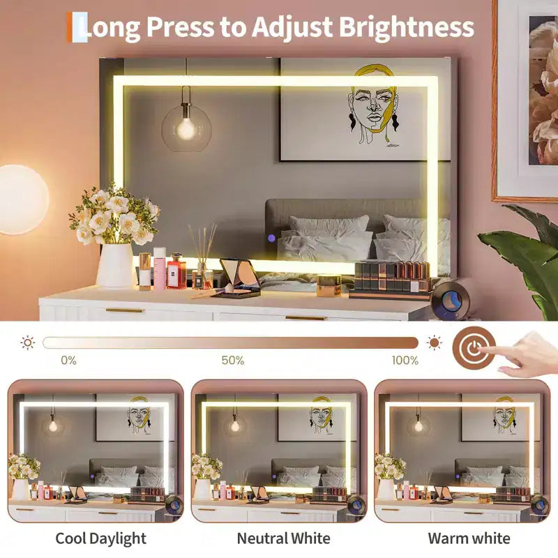 Coiffeuse avec miroir et lumières, Petite coiffeuse de maquillage avec 2 tiroirs et prise de courant, 3 modes d'éclairage, Luminosité réglable pour chambre à coucher