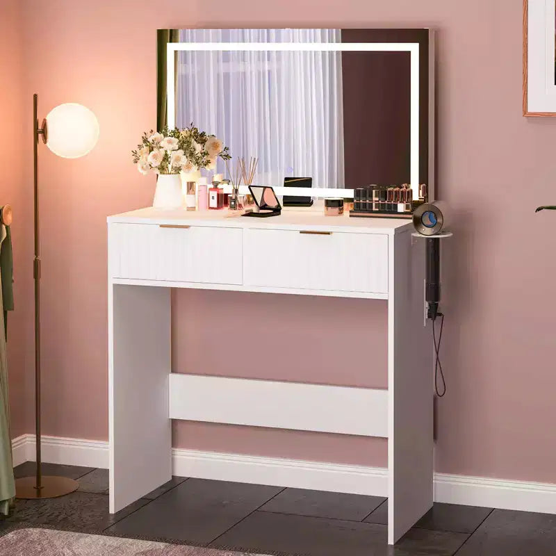 Coiffeuse avec miroir et lumières, Petite coiffeuse de maquillage avec 2 tiroirs et prise de courant, 3 modes d'éclairage, Luminosité réglable pour chambre à coucher