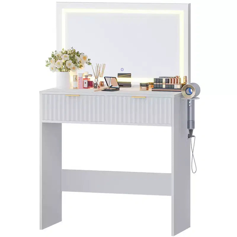 Coiffeuse avec miroir et lumières, Petite coiffeuse de maquillage avec 2 tiroirs et prise de courant, 3 modes d'éclairage, Luminosité réglable pour chambre à coucher