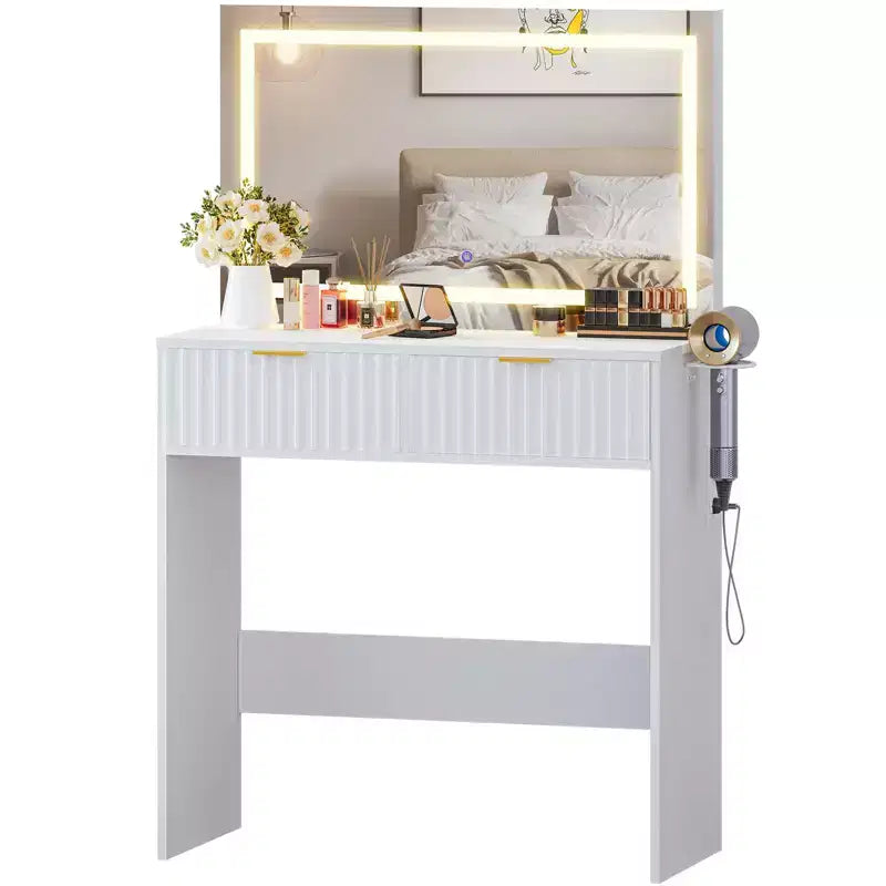 Coiffeuse avec miroir et lumières, Petite coiffeuse de maquillage avec 2 tiroirs et prise de courant, 3 modes d'éclairage, Luminosité réglable pour chambre à coucher