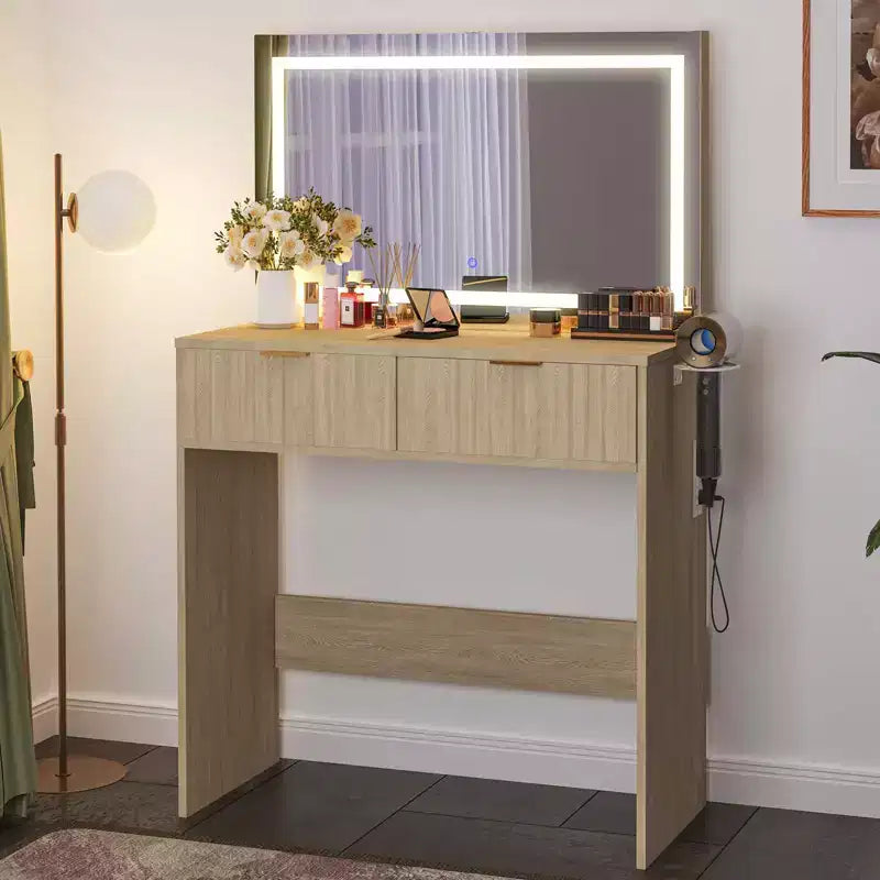 Coiffeuse avec miroir et lumières, Petite coiffeuse de maquillage avec 2 tiroirs et prise de courant, 3 modes d'éclairage, Luminosité réglable pour chambre à coucher