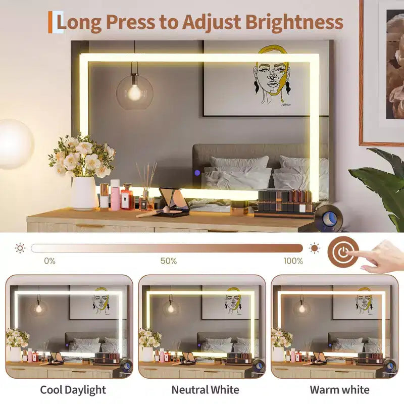 Coiffeuse avec miroir et lumières, Petite coiffeuse de maquillage avec 2 tiroirs et prise de courant, 3 modes d'éclairage, Luminosité réglable pour chambre à coucher