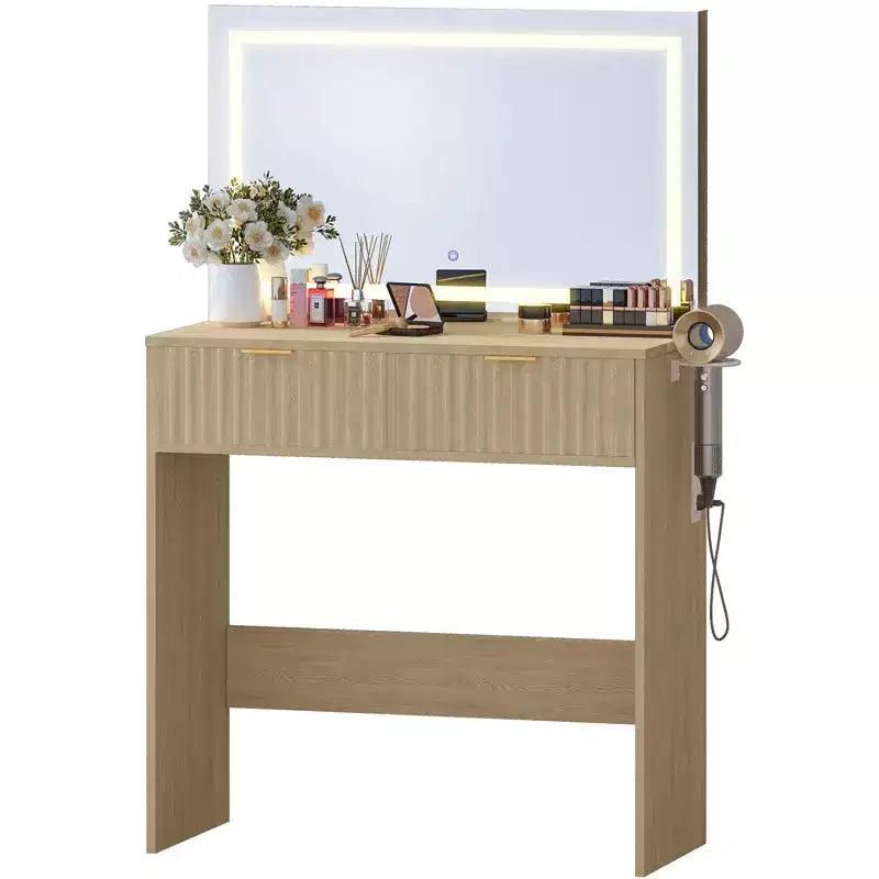 Coiffeuse avec miroir et lumières, Petite coiffeuse de maquillage avec 2 tiroirs et prise de courant, 3 modes d'éclairage, Luminosité réglable pour chambre à coucher