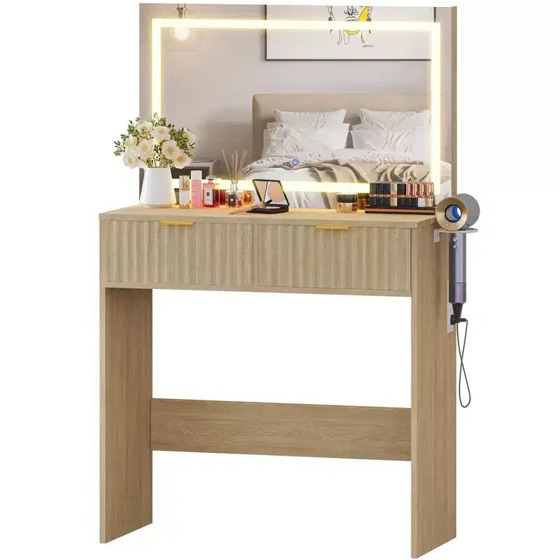 Coiffeuse avec miroir et lumières, Petite coiffeuse de maquillage avec 2 tiroirs et prise de courant, 3 modes d'éclairage, Luminosité réglable pour chambre à coucher