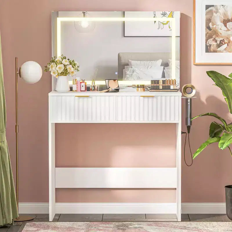 Coiffeuse avec miroir et lumières, Petite coiffeuse de maquillage avec 2 tiroirs et prise de courant, 3 modes d'éclairage, Luminosité réglable pour chambre à coucher