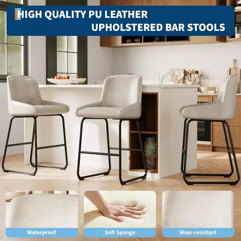 Tabourets de bar en cuir PU à hauteur de comptoir, hauteur d'assise 67,3 cm, dossier rembourré ergonomique et repose-pieds, cadre en métal robuste, chaises de bar sans accoudoirs rembourrées
