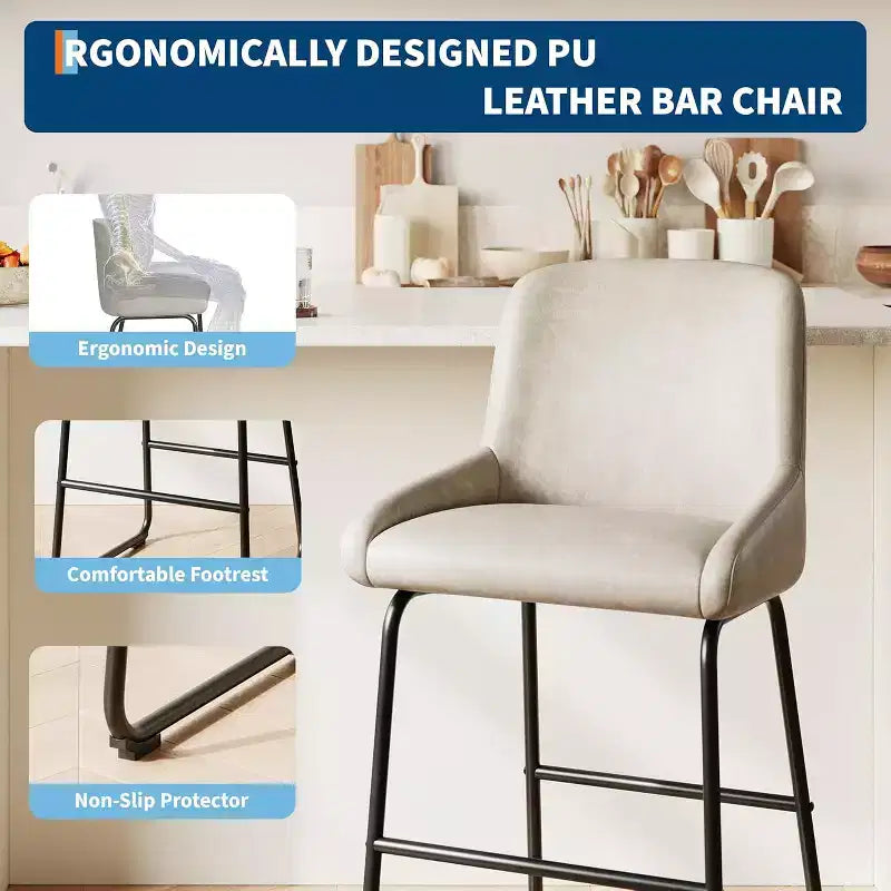 Tabourets de bar en cuir PU à hauteur de comptoir, hauteur d'assise 67,3 cm, dossier rembourré ergonomique et repose-pieds, cadre en métal robuste, chaises de bar sans accoudoirs rembourrées