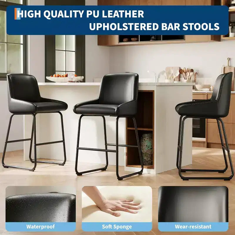 Tabourets de bar en cuir PU à hauteur de comptoir, hauteur d'assise 67,3 cm, dossier rembourré ergonomique et repose-pieds, cadre en métal robuste, chaises de bar sans accoudoirs rembourrées