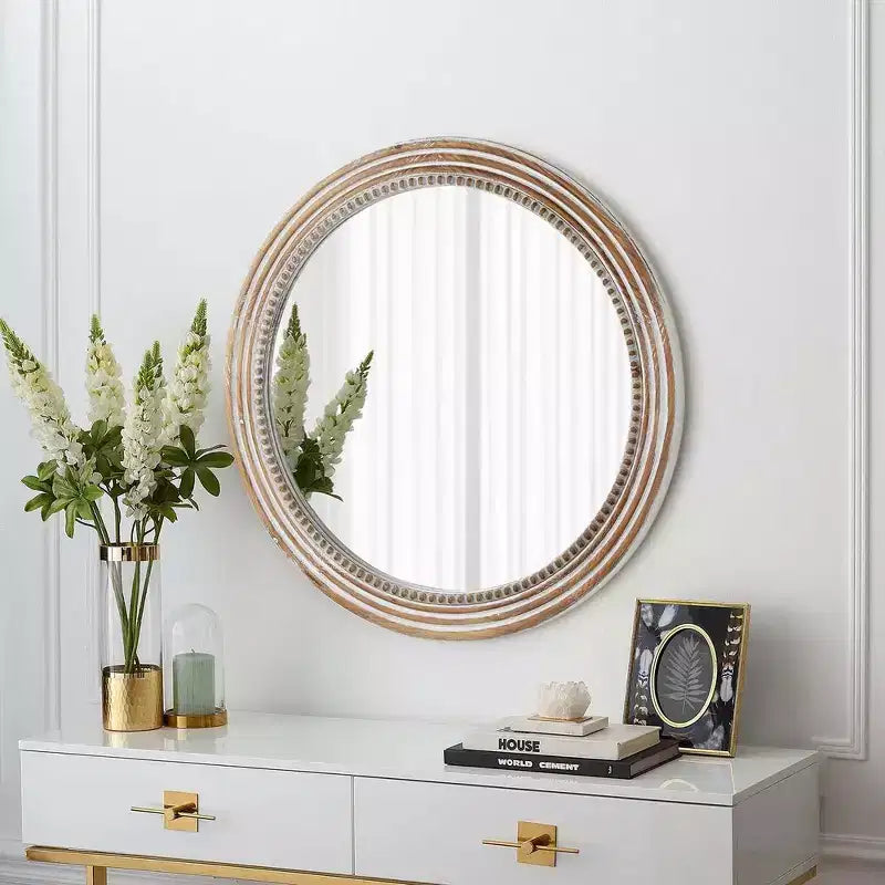 Miroir Mural Décoratif Rond de Ferme avec Perles Décoratives, Cadre en Bois Rustique pour Maison Antique Naturelle