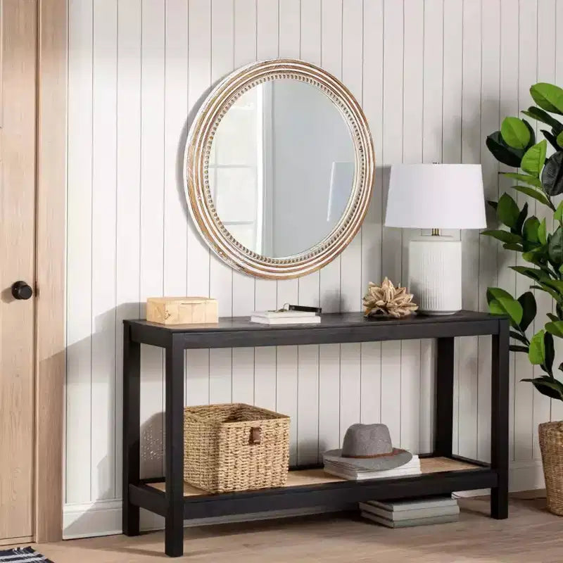 Miroir Mural Décoratif Rond de Ferme avec Perles Décoratives, Cadre en Bois Rustique pour Maison Antique Naturelle