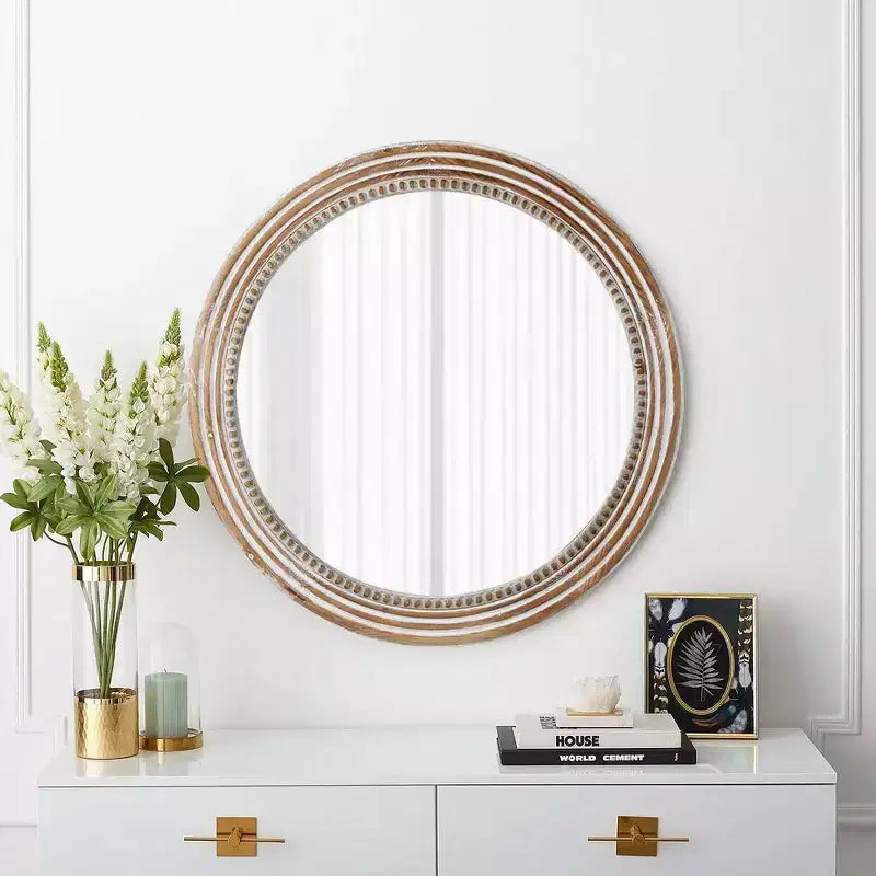 Miroir Mural Décoratif Rond de Ferme avec Perles Décoratives, Cadre en Bois Rustique pour Maison Antique Naturelle