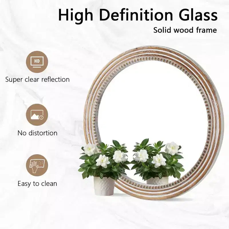 Miroir Mural Décoratif Rond de Ferme avec Perles Décoratives, Cadre en Bois Rustique pour Maison Antique Naturelle