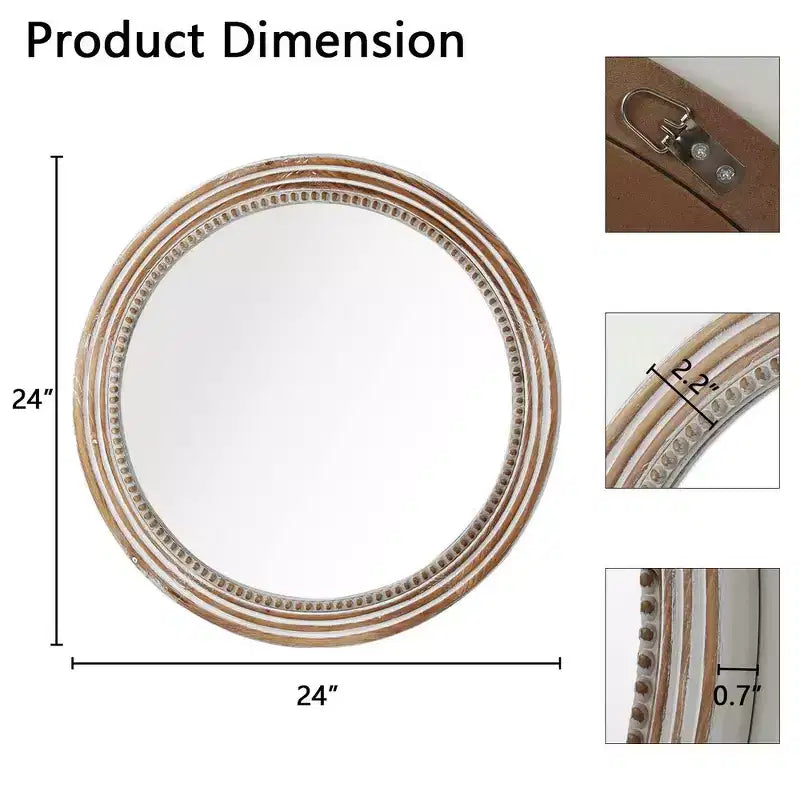 Miroir Mural Décoratif Rond de Ferme avec Perles Décoratives, Cadre en Bois Rustique pour Maison Antique Naturelle