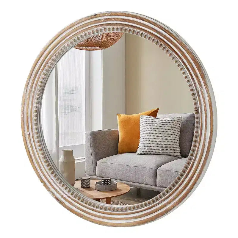 Miroir Mural Décoratif Rond de Ferme avec Perles Décoratives, Cadre en Bois Rustique pour Maison Antique Naturelle