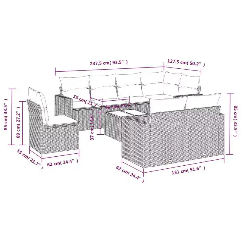 Ensemble de canapé de patio extérieur avec coussins en rotin synthétique noir