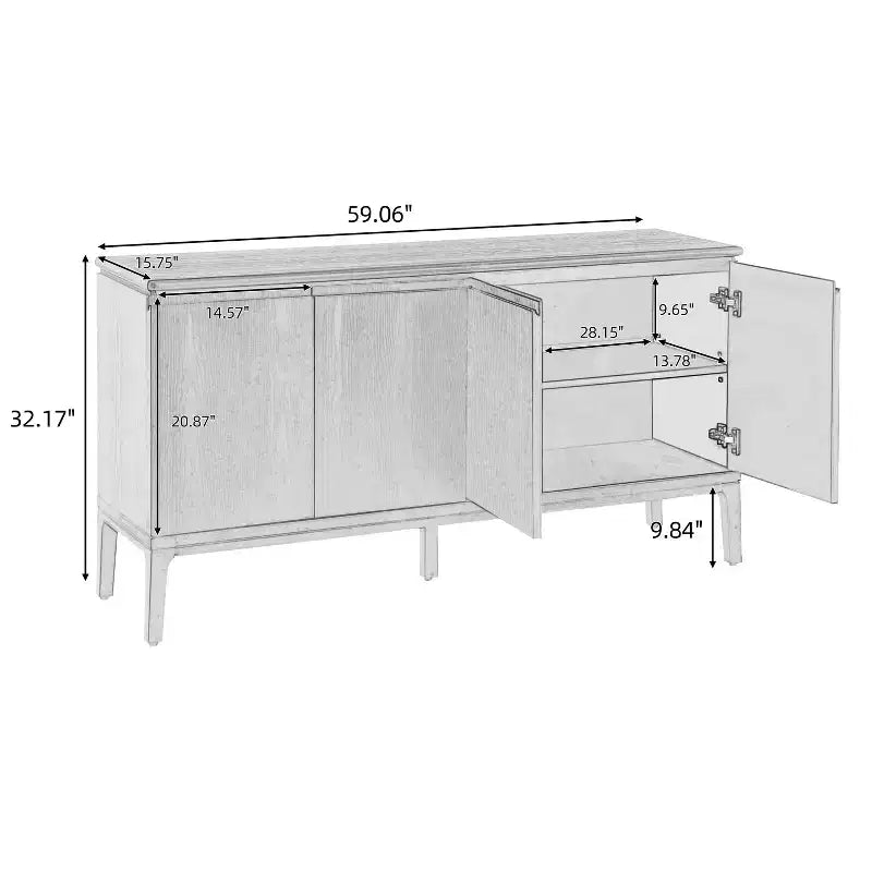 Buffet moderne de 59'' à 4 portes avec pieds en bois d'hévéa