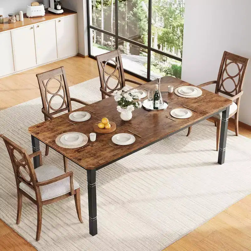 Table à manger longue industrielle pour 6-8 personnes, table de cuisine rectangulaire en bois avec cadre métallique robuste, style ferme moderne pour salle à manger et cuisine.