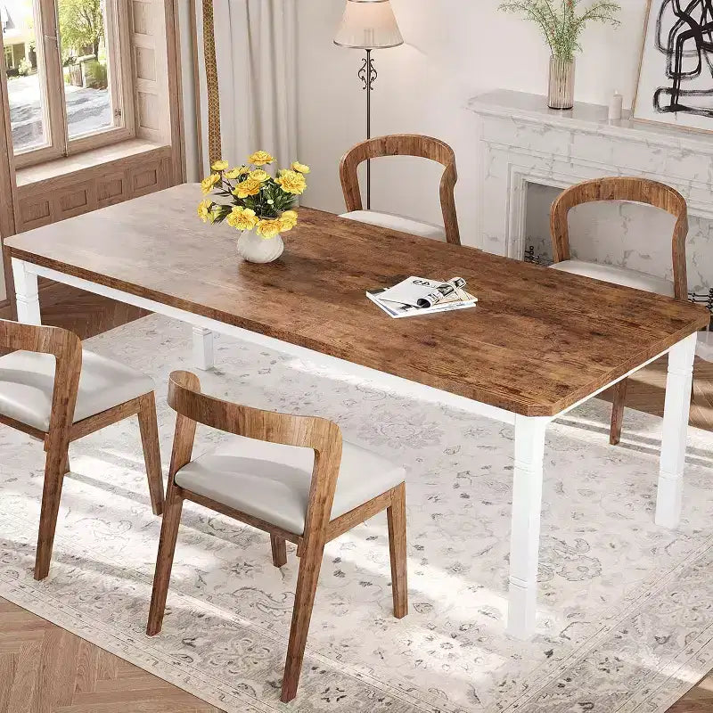 Table à manger longue industrielle pour 6-8 personnes, table de cuisine rectangulaire en bois avec cadre métallique robuste, style ferme moderne pour salle à manger et cuisine.