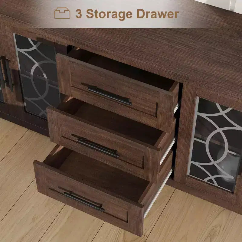 Meuble TV de ferme de 65 po pour téléviseurs jusqu'à 70 po, meuble de divertissement moderne du milieu du siècle avec 2 portes vitrées et 3 tiroirs, console multimédia en bois