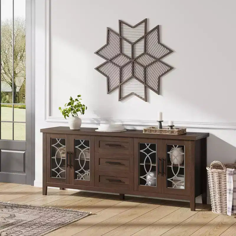Meuble TV de ferme de 65 po pour téléviseurs jusqu'à 70 po, meuble de divertissement moderne du milieu du siècle avec 2 portes vitrées et 3 tiroirs, console multimédia en bois