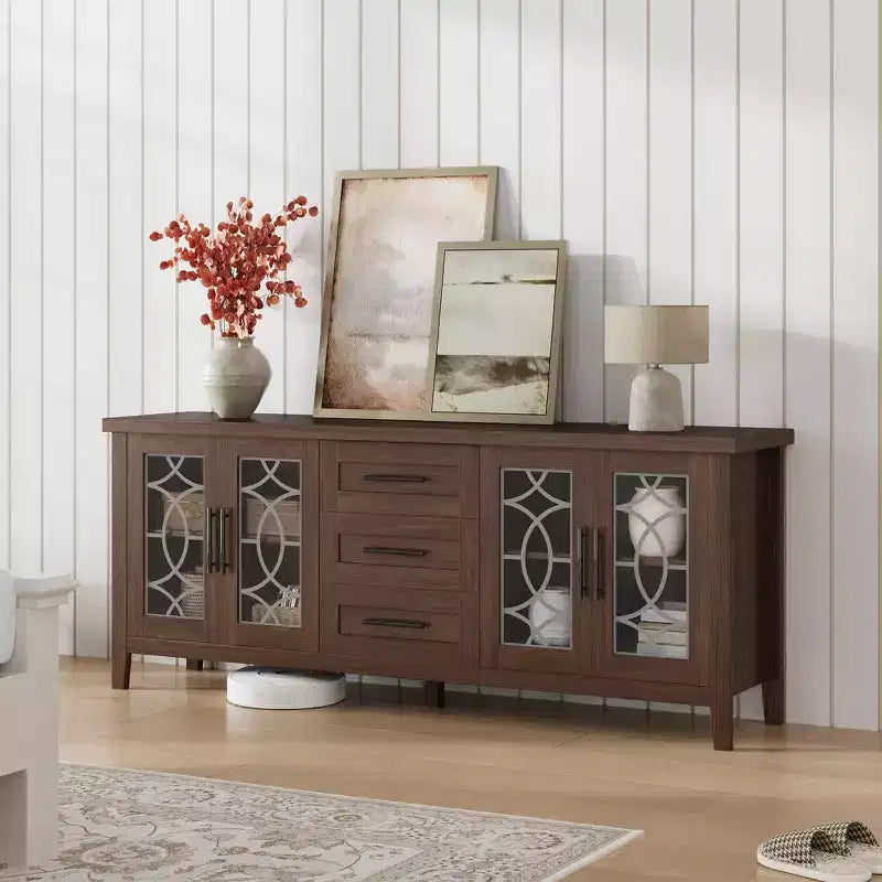 Meuble TV de ferme de 65 po pour téléviseurs jusqu'à 70 po, meuble de divertissement moderne du milieu du siècle avec 2 portes vitrées et 3 tiroirs, console multimédia en bois