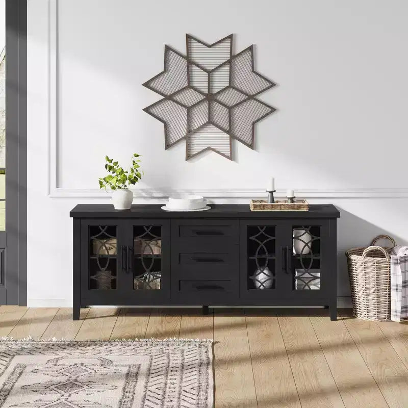 Meuble TV de ferme de 65 po pour téléviseurs jusqu'à 70 po, meuble de divertissement moderne du milieu du siècle avec 2 portes vitrées et 3 tiroirs, console multimédia en bois