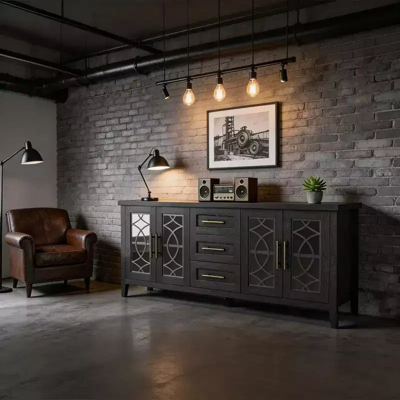 Meuble TV de ferme de 65 po pour téléviseurs jusqu'à 70 po, meuble de divertissement moderne du milieu du siècle avec 2 portes vitrées et 3 tiroirs, console multimédia en bois
